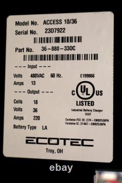 Ecotec ACCESS 10/36 Powerhouse Forklift Battery Charger 480V 36V 18 Cells