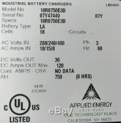 Used Applied Energy 18r0750e3d Forklift Battery Charger 36v