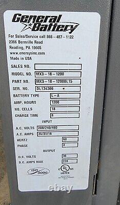 Chargeur de batterie général Mx3-18-1200. 1200 ampères-heures, 18 cellules, 3 phases, 36 volts.